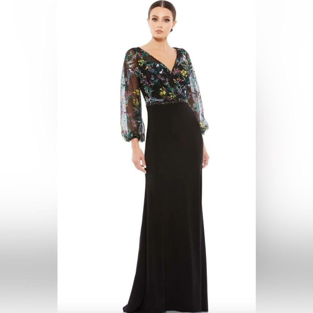 Mac Duggal Embroidered Illusion Puff Sleeve Column Gown NWT 79379